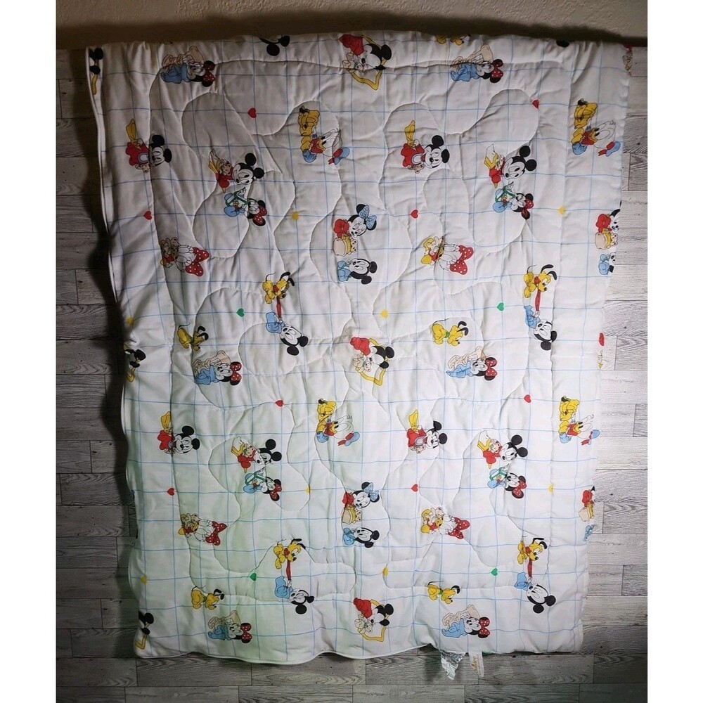 Vintage 80s Dundee Disney Baby Crib Quilt Blanket 40x32" Half Zip Mickey Mouse